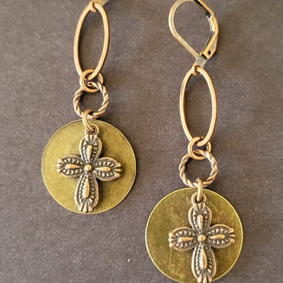 Beautiful Copper Bronze CROSS Charm Coin Lever Back Earrings Faith, Hope, Love - Picture 3 of 8